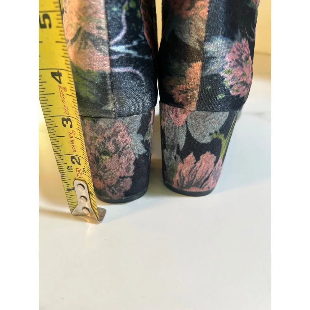 Floral Velvet Block Heel Ankle Boots Pink Green Black Round Toe Side Zip 8.5